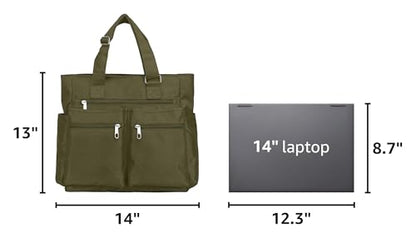 VOLGANIK ROCK Canvas Tote Bag Waterproof Nylon Multi Pocket Shoulder Bags Laptop Work Bag Teacher Purse Handbag for Women Men - color: Army Green