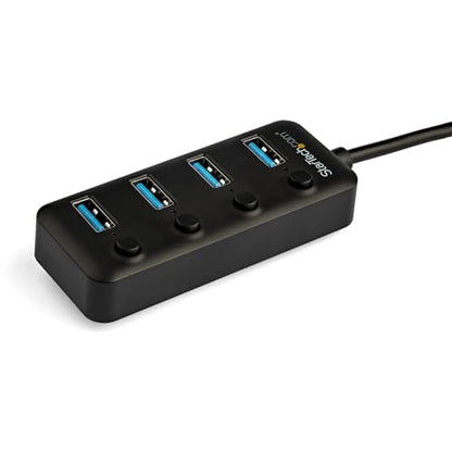 StarTech 4-Port USB-C Hub with 4x USB-A, 5Gbps, Switches (HB30C4AIB) | USB Powered USB 3.0 expansion splitter, Individual on/off port switches with LEDs, 15W shared, 9.8in 25cm cable - color: Black, style: On/Off switches