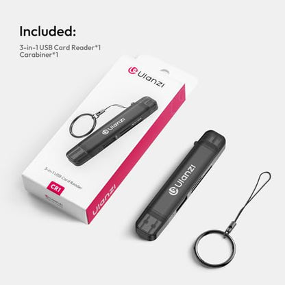ULANZI CR1 3-in-1 SD/TF/USB Card Reader, USB 3.1 High-Speed 170MB/s, Triple-Slot Simultaneous, Dual USB-C/A, Case-Friendly Port, w/Carabiner Clip for Phone/Tablet/Mac/PC/Android/Photographer