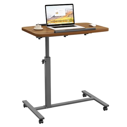 Laptop Table Mobile Adjustable Height Portable Desk Notebook Swivel PC Computer Rolling Desk with Wheels, Laptop Stand for Couch Bedside Hospital Bed Table - color: Light Walnut