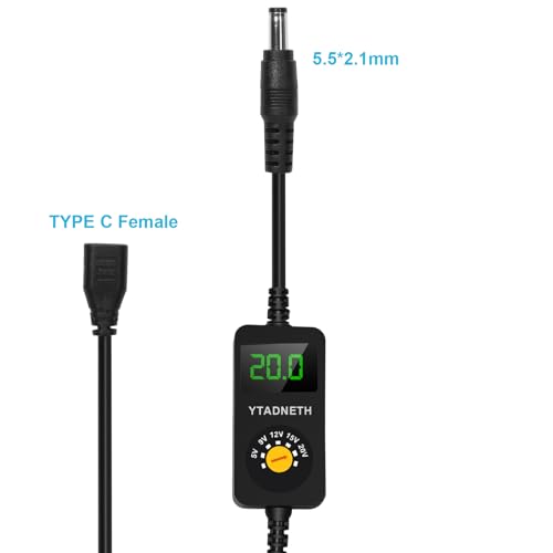 Universal USB C to DC Adapter, Barrel PD Trigger Cable, USB-C Female to DC 5V 9V 12V 15V 20V Adapter Cable with LED Display, for Netbook, Tablets, Led Light, Lamps, Routers