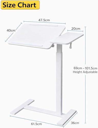 WSA Adjustable Standing Desk with Wheels Pneumatic Height Adjustable Rolling Laptop Desk Tiltable Mobile Computer Workstation Overbed Bedside Table for Home Office Sofa & Hospital Bed (White) - color: White