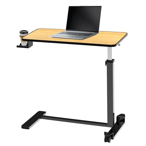Adjustable Overbed Table with Cup Holder & Hidden Lockable Wheels | Height Adjustable Rolling Bedside Table, Teak Finish, Mobile Laptop Desk, Standing Workstation for Home Use, 30.3"W x 15.3"D - color: Teak