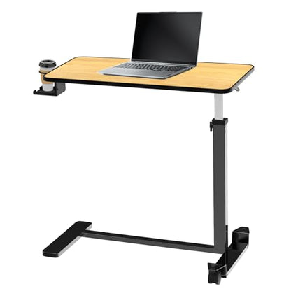 Adjustable Overbed Table with Cup Holder & Hidden Lockable Wheels | Height Adjustable Rolling Bedside Table, Teak Finish, Mobile Laptop Desk, Standing Workstation for Home Use, 30.3"W x 15.3"D - color: Teak