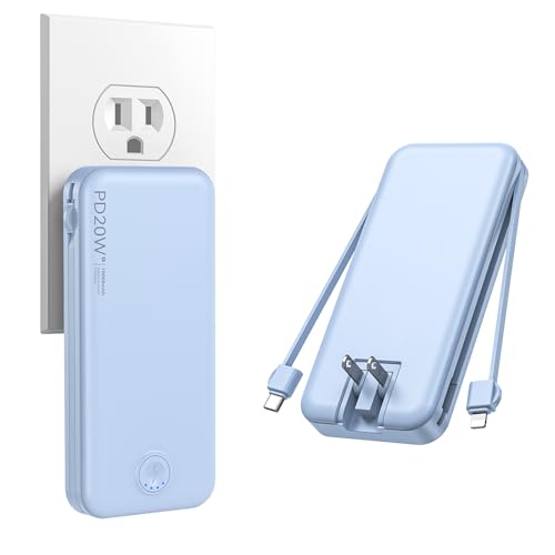 Nusyddy Portable Charger 10000mAh Fast Charging w/Built-in Wall Plug Blue | PD20W Fast Charging, LED Indicator, Pass Through Charging, TSA Approved, Compact/Slim, Power Bank for iPhone/iPad/Samsung - color: Cerulean