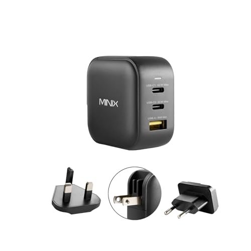 MINIX P1 66W Turbo 3-Port GaN Travel Wall Charger USB C Fast Power Adapter | Foldable Plug (2x USB-C, 1x USB-A) Compatible with MacBook Pro Air, iPad Pro, iPhone 17/16/15/13, Galaxy S25 (US/UK/EU Plugs)
