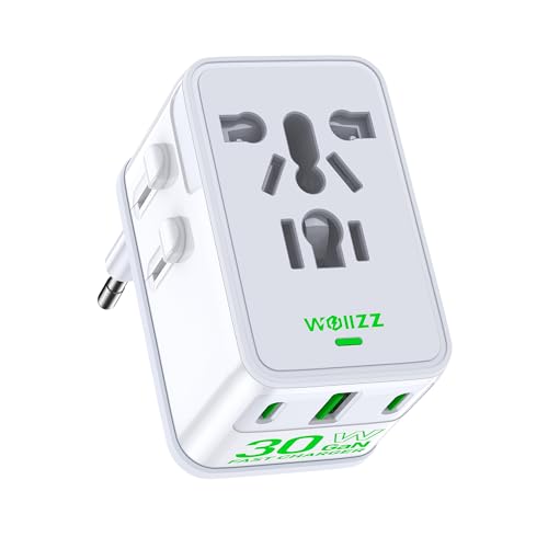 Travel Adapter, 30W GaN Fast Charging European Plug Adapter Worldwide Universal Charger with 4 Ports 1 AC, 1 USB-A, and 2 USB-C Ports Plug Adapter for USA European UK AUS Japan, White