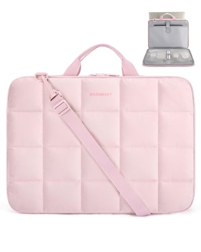 BAGSMART Laptop Case with Handle, Puffy Laptop Sleeve Bag for Women | MacBook Case with Shoulder Strap for Dell, HP, Lenovo, MacBook Air/Pro, 15-15.6 inch Pink - color: Pink-shoulder Strap, size: 15-16 inch
