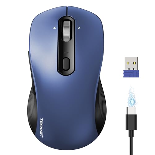 TECKNET Rechargeable Bluetooth Mouse, [ USB + BT5.0 + BT3.0 ] Wireless Mouse, Ergonomic 4-Way Scroll Wheel Computer Mice, 6-Level 4800 DPI Silent Mice, Multi-Device for Computer/Laptop/MacBook (Blue) - color: Blue