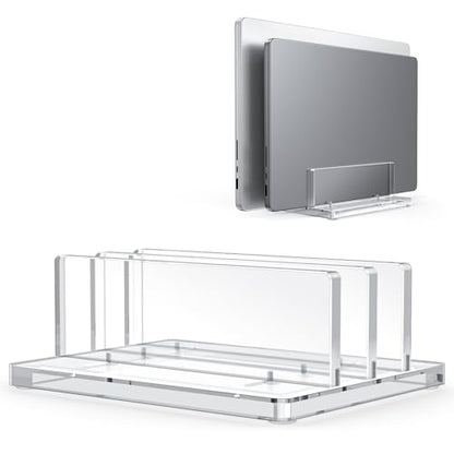 OMOTON Vertical Laptop Stand, Clear Acrylic Dual Holder for MacBook Gaming | Adjustable Width 0.43-1.38", Clear Acrylic Dual Slot Stand for Desk, Compatible with MacBook Pro/Air HP Gaming up to 17" - size: Dual-Clear