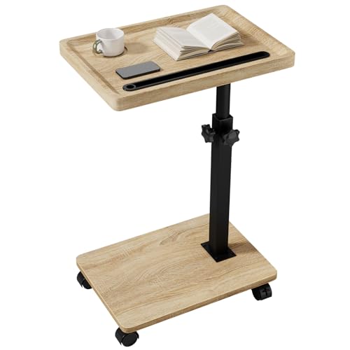 IBUYKE C Shaped Side Table Height Adjustable, 360° Swivel TV Tray Table with Wheels, End Table for Small Spaces,Living Room,Small Bedside Table for Eating, Dinner or Laptop,Natural UTVT007R - color: Natural, size: 11.41"Dx15.35"Wx 19.29-32.28"H