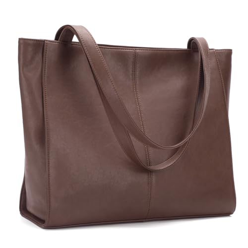 befen Genuine Leather Tote Bag for Women Work Travel Leather Purse Handbags | Real Leather, Padded 14" Laptop Compartment, Multi-Pockets, Zipper, Tote Bag for Daily - color: Vintage Dark Brown