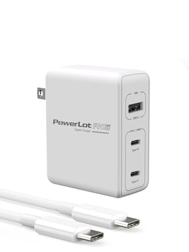 PowerLot 140W GaN PD Power Adapter,18W USB-A Charger, PD3.1 Type C Wall Charger or MacBook Pro 16'', Dell XPS, iPhone 16/15 Pro Max, iPad, Chromebook,Tablet (140W Charge with Cable)