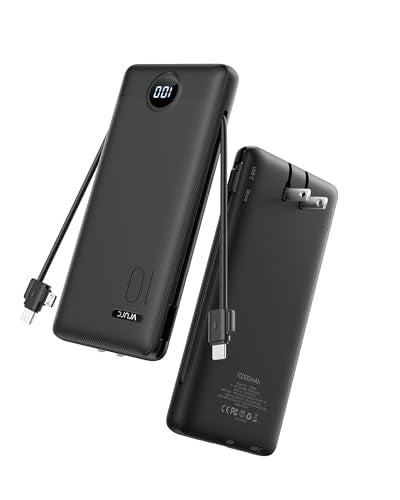 VRURC 10000mAh 22.5W Portable Charger, AC Plug & Built-in Cables,Black | Slim battery pack ,PD 20W fast charging, for business travel,compatible with iPhone & Samsung - color: Black