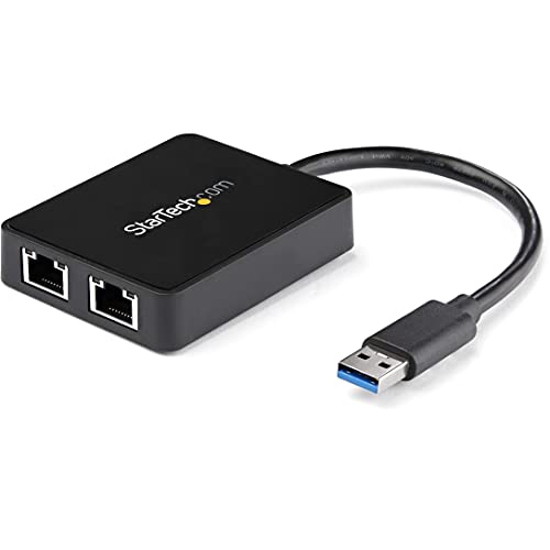 StarTech USB 3.0 Dual Gigabit Ethernet Adapter, w/USB Port (USB32000SPT) | 10/100/1000Mbps, USB Gigabit LAN Network NIC Adapter, With USB Port - color: Black, style: Black