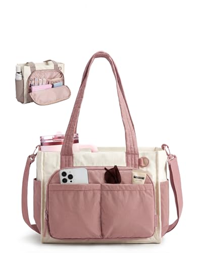 BAGSMART Small Tote Bag for Women, 13'' Laptop Canvas Work Bag with Zipper | 30oz/40oz Tumble & 11 Pockets Travel Tote, Teachers/Nurses, Lightweight Canvas or Water-Resistant Puffer Taslon Crossbody Bag - color: 12l Small Dark Pink, size: Puffy Taslan