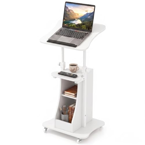 Tangkula Mobile Lectern Podium Set of 2, Height Adjustable Podium Stand, Standing Sit-to-Stand Desk, Rolling Cart Laptop Desk with Swivel Top Movable Wheels & Storage - color: White, size: 20" x 16" x 44"