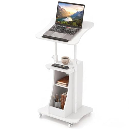Tangkula Mobile Lectern Podium Set of 2, Height Adjustable Podium Stand, Standing Sit-to-Stand Desk, Rolling Cart Laptop Desk with Swivel Top Movable Wheels & Storage - color: White, size: 20" x 16" x 44"