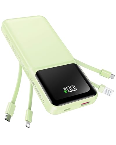 RONEGN Portable Charger with Built in Cable -20000mAh Fast Charging Power Bank USB C Slim 22.5W LED Display Battery Pack 5 Outputs & 3 Inputs for Travel Essentials iPhone Samsung Phones Green - color: Green