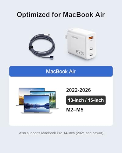 DERLULU 67W USB-C Charger for MacBook Air 13/15", GaN Fast Charging Adapter with Magnetic Cable 5ft (1.5m), 2C1A Compact for MacBook, iPad, iPhone