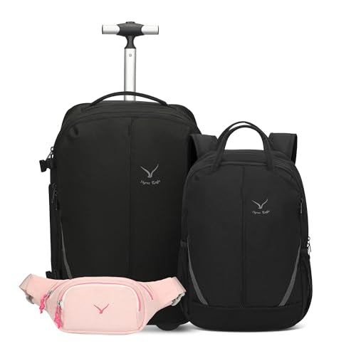 2 in 1 Travel Backpack Set Rolling Backpack with Wheels Carry on Luggage 43L with Personal Item Bag for Men Women 17 inches Laptop Backpack Jet Black with Waist Pack Pink
