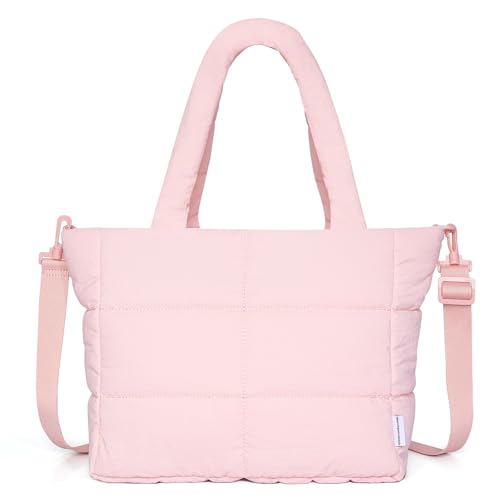 NOL Large Puffy Quilted Tote Bag for Women, Lightweight with Removable Strap & Zippered Compartments for Travel & Work - color: Pink