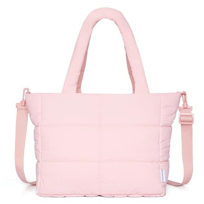 NOL Large Puffy Quilted Tote Bag for Women, Lightweight with Removable Strap & Zippered Compartments for Travel & Work - color: Pink