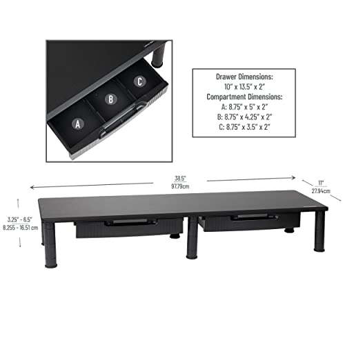 Mind Reader Dual Monitor Stand, Height Adjustable, Desktop Organizer, Laptop Riser, Office, 38.5"L x 11"W x 2.55-6.5"H, Black - size: 1 Tier with Drawer