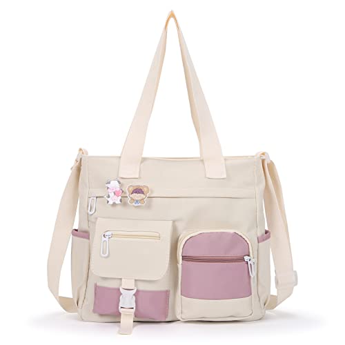 Phaoullzon Cute Messenger Bag Kawaii Crossbody Purse for Teen Shoulder Tote | Gifts for Girls/ Women, Nylon Japanese College Satchel Travel Work Gym Handbag - color: Beige1, style: Medium