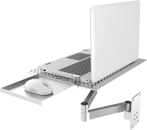 Monitor and Computer Stand, Wall Mount Computer Stand Extra Long Arm Stand with Tray, Ventilated Cooling Platform, Laptop Tray, Full Motion Articulating Laptop Tray