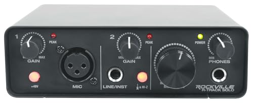 Rockville R-TRACK SOLO Recording USB C Audio Interface, 24Bit/192KHz | ASIO Drivers, 48V Phantom Power, Hi-Z Input, XLR, 2-In/2-Out, Steel Housing, Direct Monitoring, Mic Preamp, USB Cable