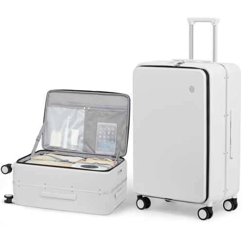 mixi 26 Inch Large Checked Luggage PC Hard Shell Suitcase Top Opening Aluminum Frame Travel Suitcases with Wheels, Smoke White - color: Smoke White, size: 26 Inch