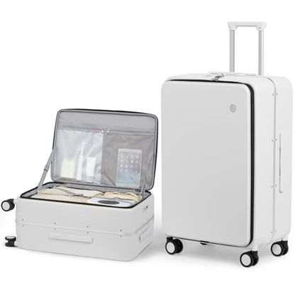 mixi 26 Inch Large Checked Luggage PC Hard Shell Suitcase Top Opening Aluminum Frame Travel Suitcases with Wheels, Smoke White - color: Smoke White, size: 26 Inch