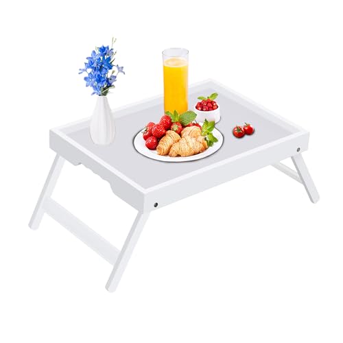 Bed Tray Table for Eating with Folding Legs, Bamboo Breakfast Table in Bed for Eating on Couch, Bed, Laptop Computer Tray(1 Pack White, Medium) - color: White, size: Medium(Pack of 1)