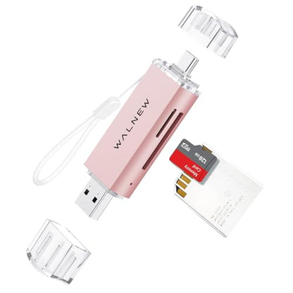 WALNEW SD Card Reader, USB 3.0 & USB-C SD/TF Memory Card Adapter | Supports UHS-I SD/SDHC/SDXC/MicroSD, Compatible with MacBook, PC, iPad, iPhone 15, Samsung Galaxy Android - color: Pink