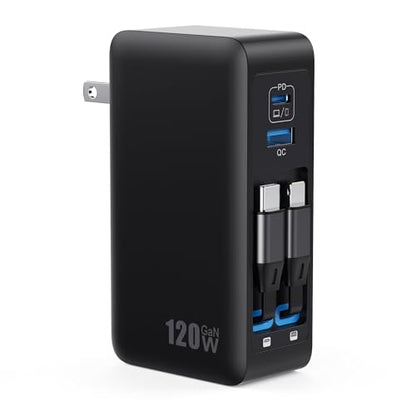 120W USB C Charger Block with 2 Built-in Retractable Cables,4-in-1 GaN IV Foldable Plug Wall Charger Fast Charging Station,PD 65W Laptop Adapter for MacBook/iPad,iPhone 16/15/14,Android (Black) - color: Matte Black