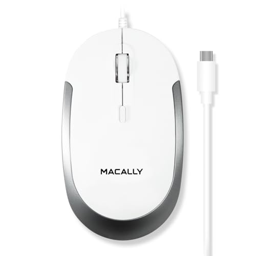 Macally Wired USB C Mouse for Mac & Windows - 3 Button & Scroll Wheel USB Type C Mouse - Comfortable Ambidextrous Design - Compact Wired Mouse with Optical Sensor & DPI Switch 800/1200/1600/2400 - color: White with Silver Trim