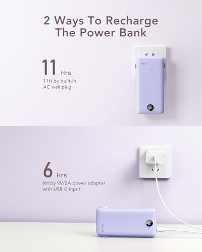 VRURC Portable Charger 20000mAh, Fast Charging Power Bank USB C,4 Output 2 Input Travel Essentials Charging Bank Equipped with LED Display,Built-in Wall Plug and Cables,Phone Charger Battery,Purple - color: Purple