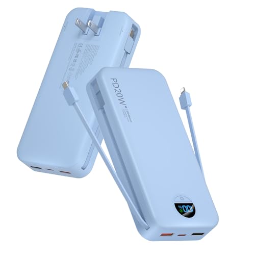citicr Portable Charger 20000mAh PD20W w/Built-in Cables & Wall Plug Blue | High capacity, Fast charging, Built-in wall plug, LED display, Charge 5 devices at once, Pass through charging, TSA approved - color: Blue-20000mah