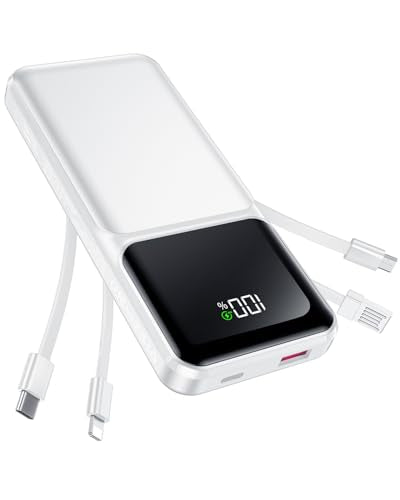 RONEGN Portable Charger with Built in Cable -20000mAh Fast Charging Power Bank USB C Slim 22.5W LED Display Battery Pack 5 Outputs & 3 Inputs for Travel Essentials iPhone Samsung Phones White - color: White