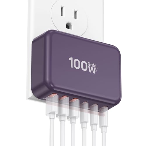 Fast Charger Block, GaN 6 Port USB C Charging Station Hub Cube, 100W Multiport Type C Wall Charger Power Strip Plug with PD 3.0+QC for iPhone 16 15 14 13 12 1 Pro Max XR XS 8 7, Samsung, iPad, Table - color: Purple