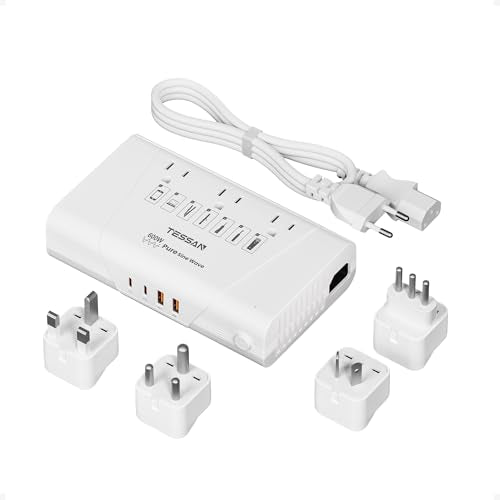 TESSAN 600W Pure Sine Wave 220V to 110V Voltage Converter US to Europe | Universal Travel Adapter, 4 USB Ports, PD 35W QC 30W, EU/UK/AU/IT/India Plug Power Converters, Step Down Transformer
