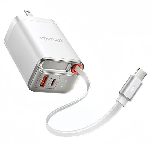 Mcdodo 67W USB C Charger Block with Retractable Type-C Cable, Dual Port (USB A+C) Foldable Wall Charger GaN Fast Charging Bolck Fit iPhone 16 15 Pro/ProMax/Plus, Galaxy, iPad, MacBook (White) - color: White