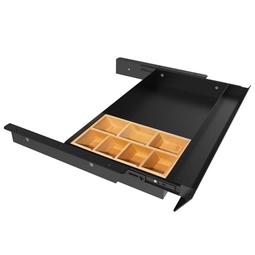 Large Under Desk Mounted Sliding Drawer with Bamboo Tray and 60 Degree Tilt Panel to Pull Out, 22'' Long & 13'' deep Large Storage Organizer for Sit Stand Workstation - color: With Bamboo Tray, size: L