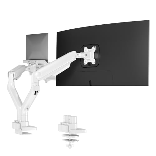 FlexiSpot Laptop Mount, Dual Monitor Arm with Laptop Tray, Fits Up to 49 Inch Monitor and 17.3 Inch Notebook, Full Adjustable Gas Spring Holds up to 44lbs per Arm for Office & Home, White - color: White, size: Max 44 lbs per arm