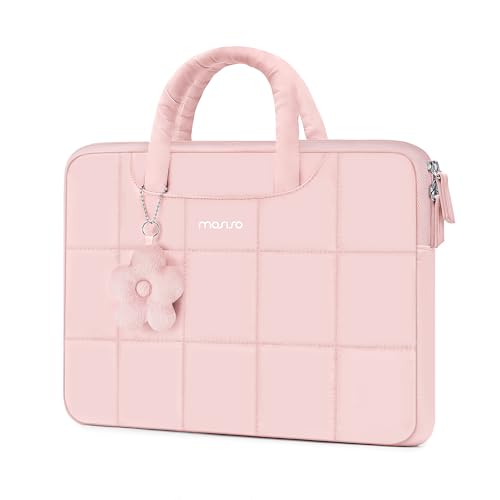 MOSISO Laptop Case 14 inch,14 inch Puffy Laptop Sleeve Compatible with HP Lenovo Dell ASUS Acer/HP Stream/Dell Latitude/Lenovo IdeaPad, Rectangle Quilted Bag with Handle&Flower Pendant, Pink - color: Pink, size: 14 inch