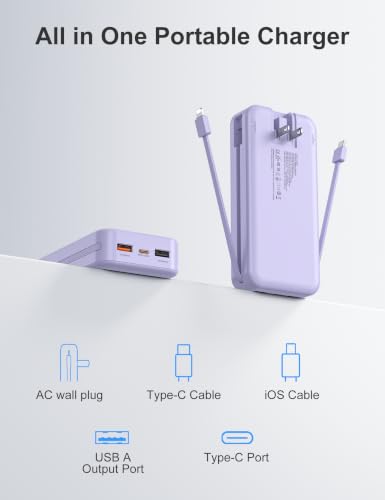 20000mAh Ultra Portable Charger Power Bank with inBuilt Cables&AC Wall Plug | PD20W USB-C Fast Charging Cell Phone Charger Battery Pack,LED Display Travel Battery Bank for All iPhone,Samsung,Android - color: Purple-20Ah