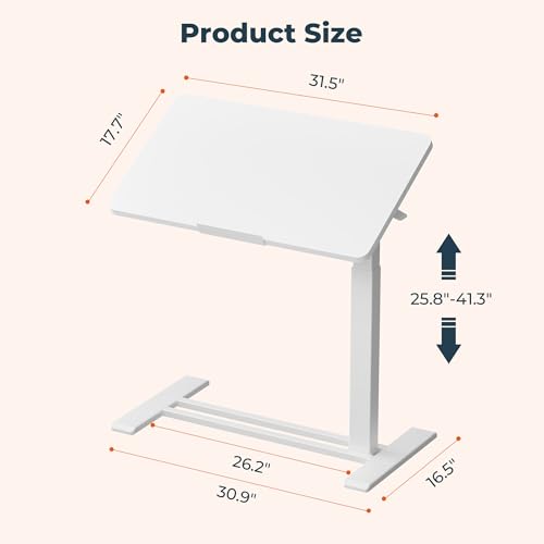 32''Pneumatic Overbed 90°Tilting Bedside Table,Small Standing Desk | 31.5" W x 17.7" D, White Rolling Bedside Table,Hospital BedTable,Medical Bedside Table,Overbed Table with Wheels,Mobile Desk - color: White, size: 3218