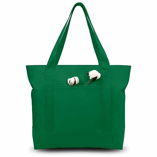 TOPDesign 1-Pack Canvas Tote Bag with an External Pocket, Reusable Grocery Shopping Bag, Top Zipper Closure, Daily Essentials (Green) - color: Green