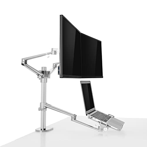 AEONS Dual Monitor and Laptop Desk Mount Combo Stand with Notebook Holder fits up to 17 inch, 3-in-1 Adjustable Triple Arm Mount fits 27 inch LCD Screen with VESA, Clamp and Cable Management, Silver - style: Triple Arm & Tray, Silver